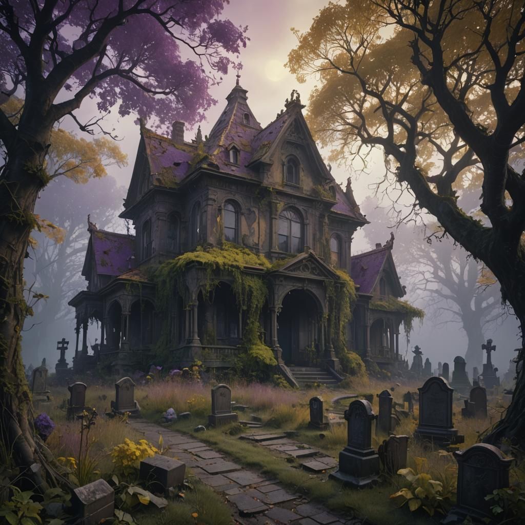 Dark Fantasy Abandoned Mansion in Spooky Graveyard Landscape