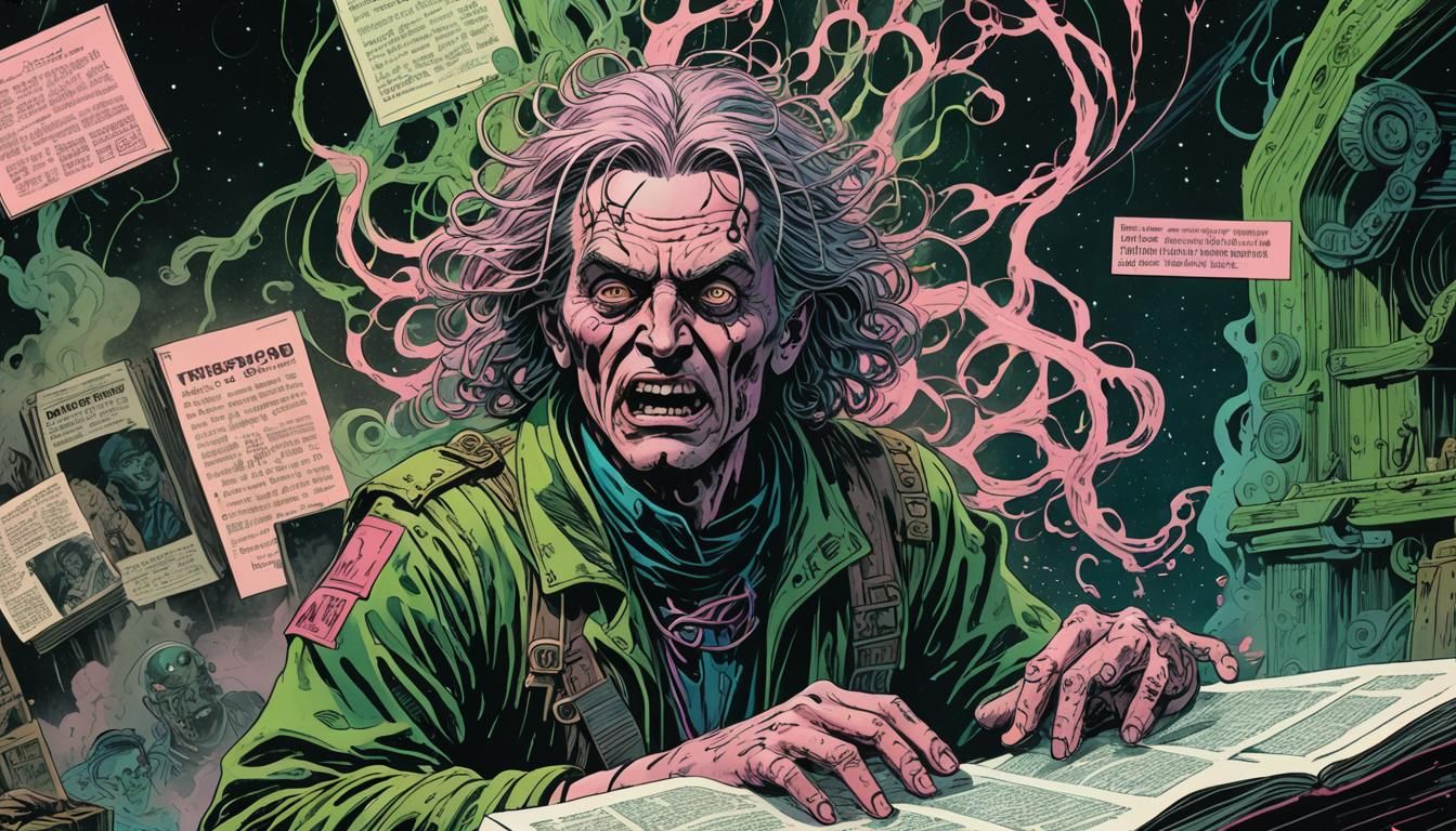 Ethereal Comics Scene in Neon Blues and Pinks