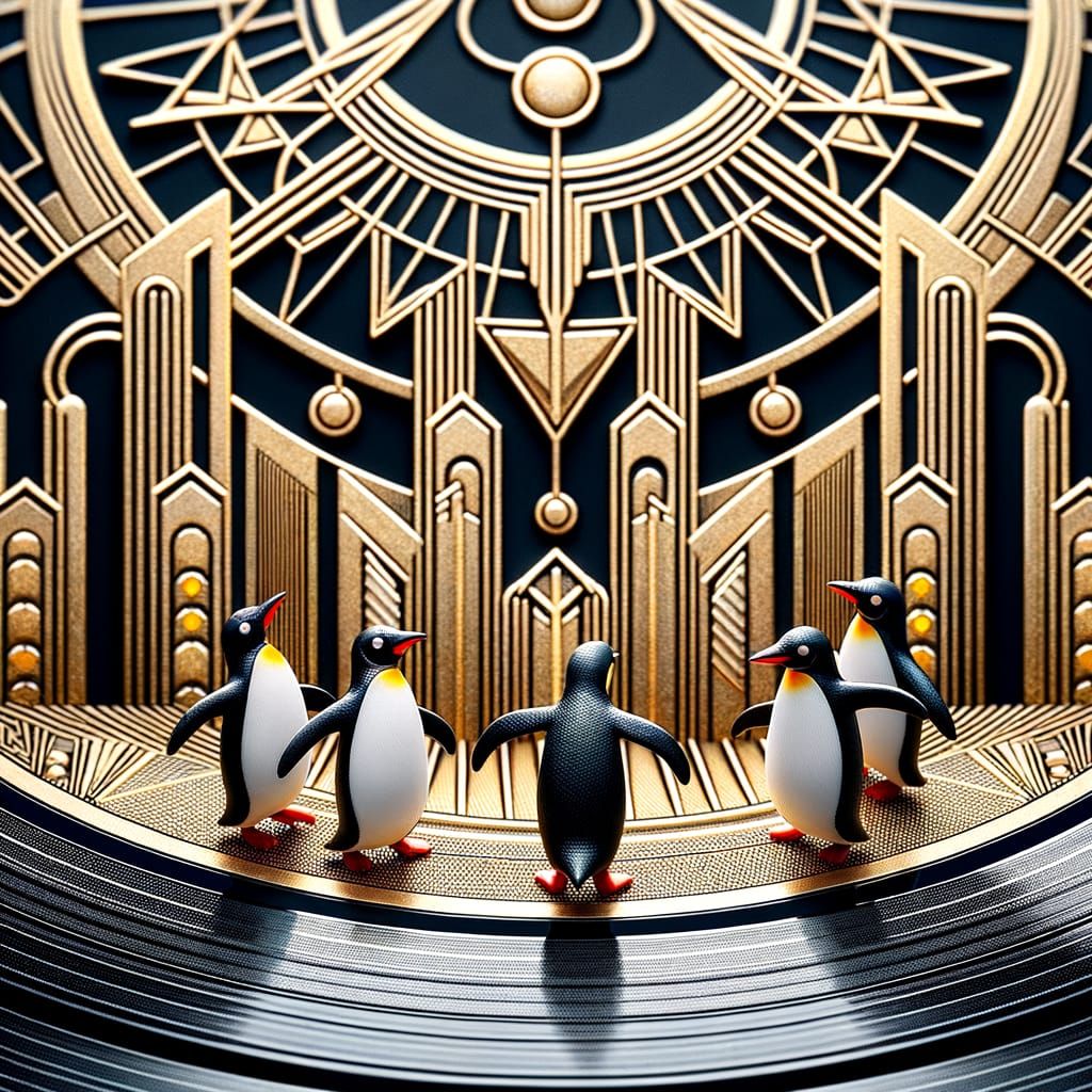 Art Deco Penguins Jiving on Vinyl Record