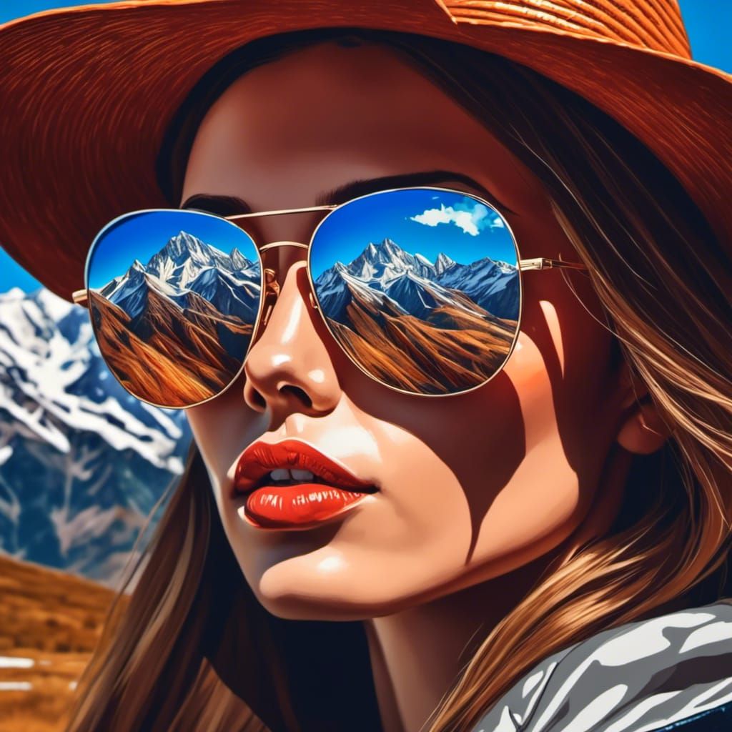 Glamorous Woman Gazing Out at Majestic Mountains in Reflecti...