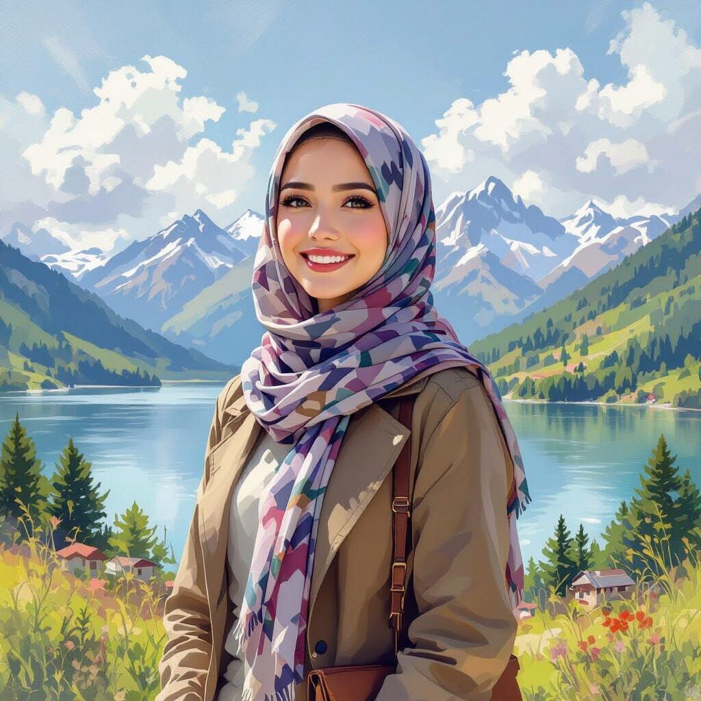 Woman in hijab in Impressionist Landscape