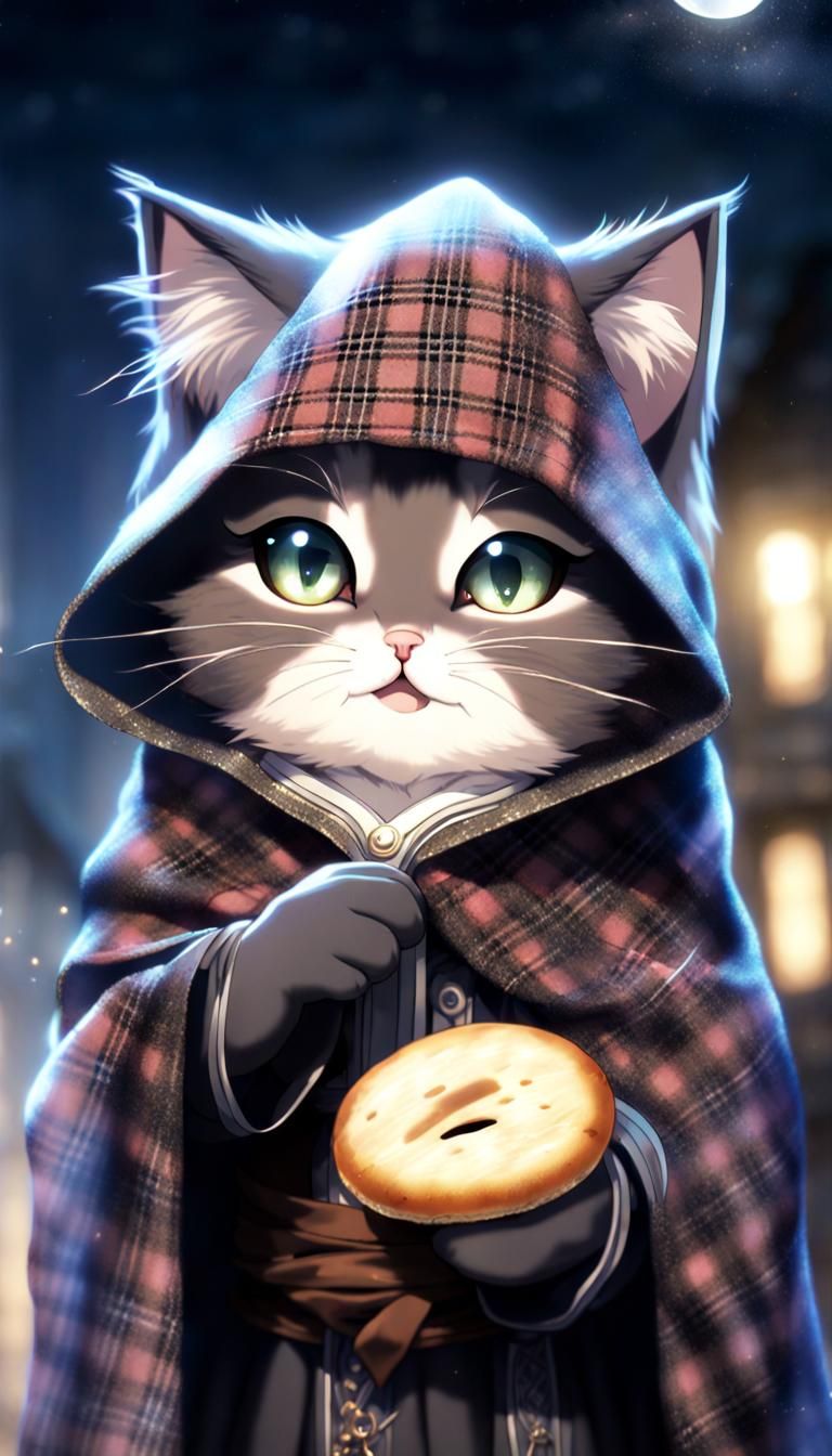 Whimsical Wizard and Moonlit Kitten in Plaid Cloak