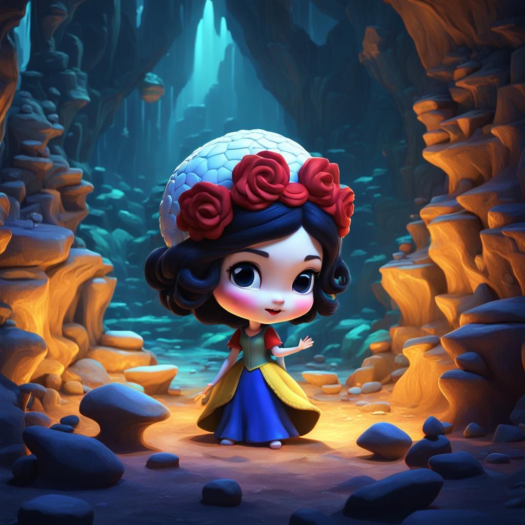 Chibi Snow White Transforms into Medusa in a Vibrant Cavern...