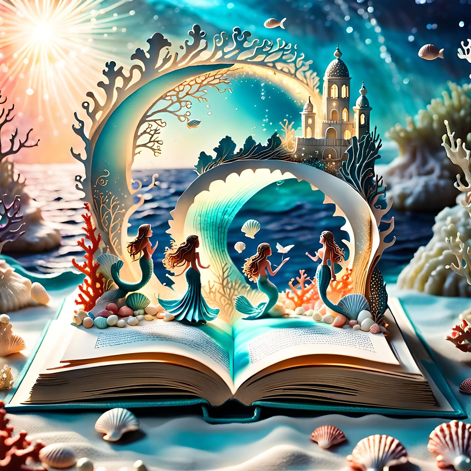 Epic Fantasy Sirens Scene in Vibrant, Detailed Pop-Up Book S...