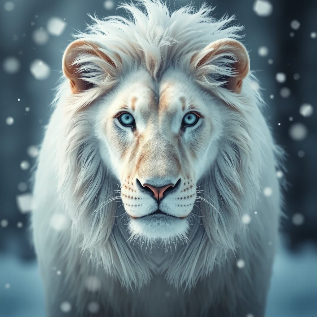 Majestic White Lion Under Snowy Cinematic Scene