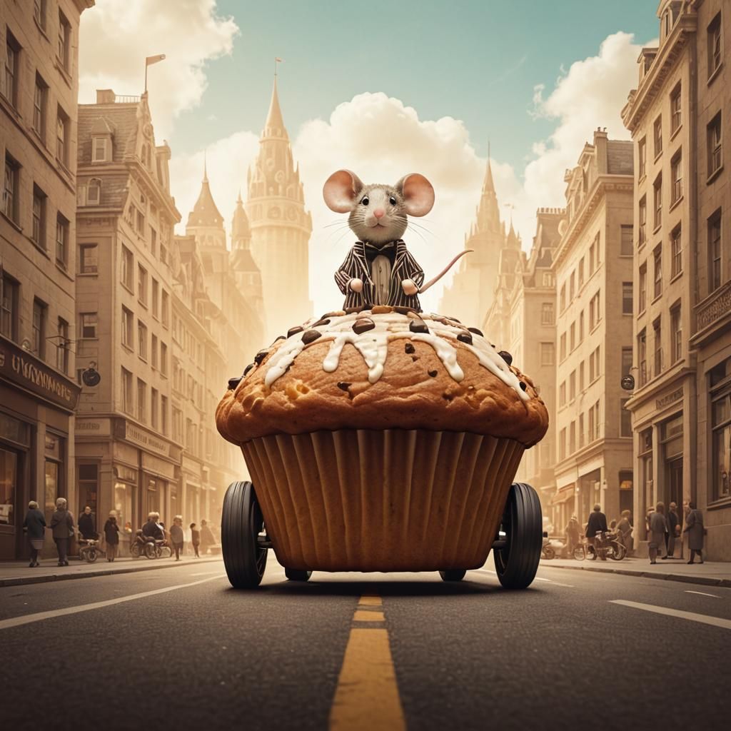 Mice in Striped Suits Drive Giant Muffin Car Down City Avenu...