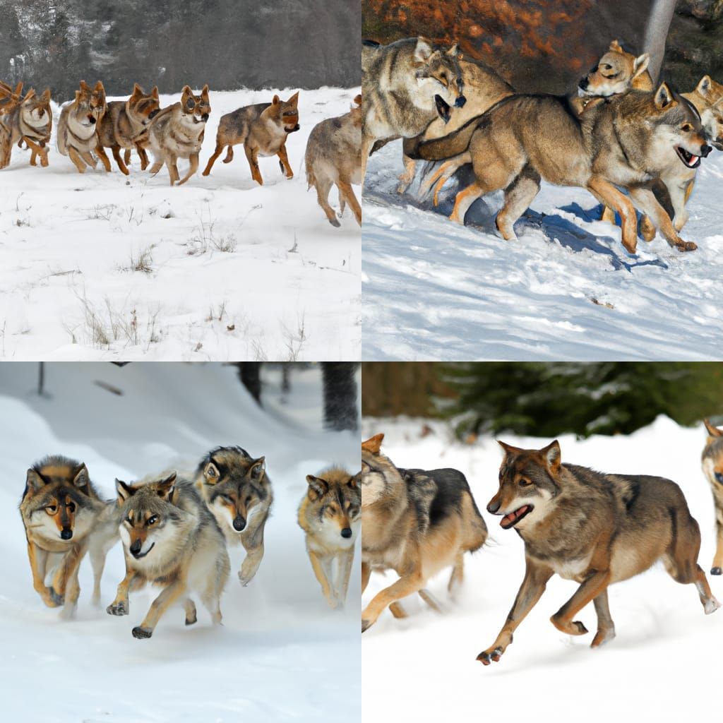 Wolves Running in the Snow in a Realistic Landscape