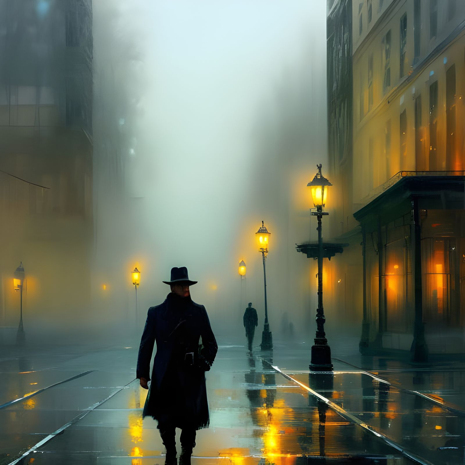 Mysterious Lone Figure in Foggy Cityscape