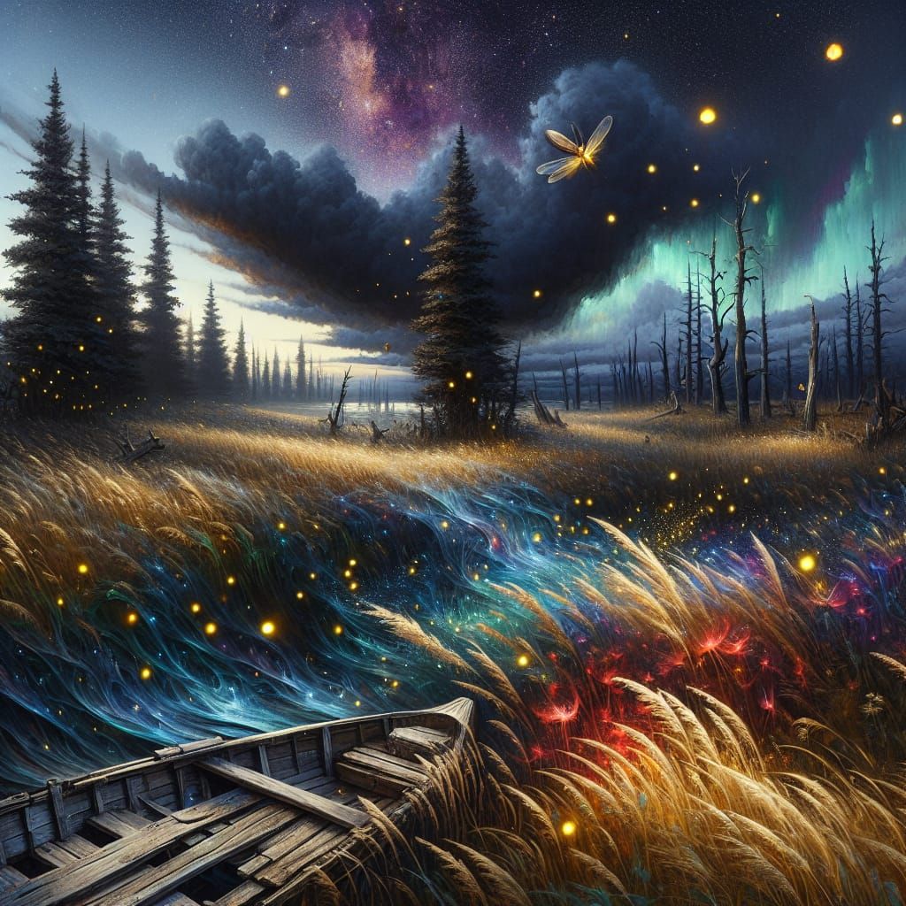 Mysterious Prairie at Dusk in Hyperrealistic Style