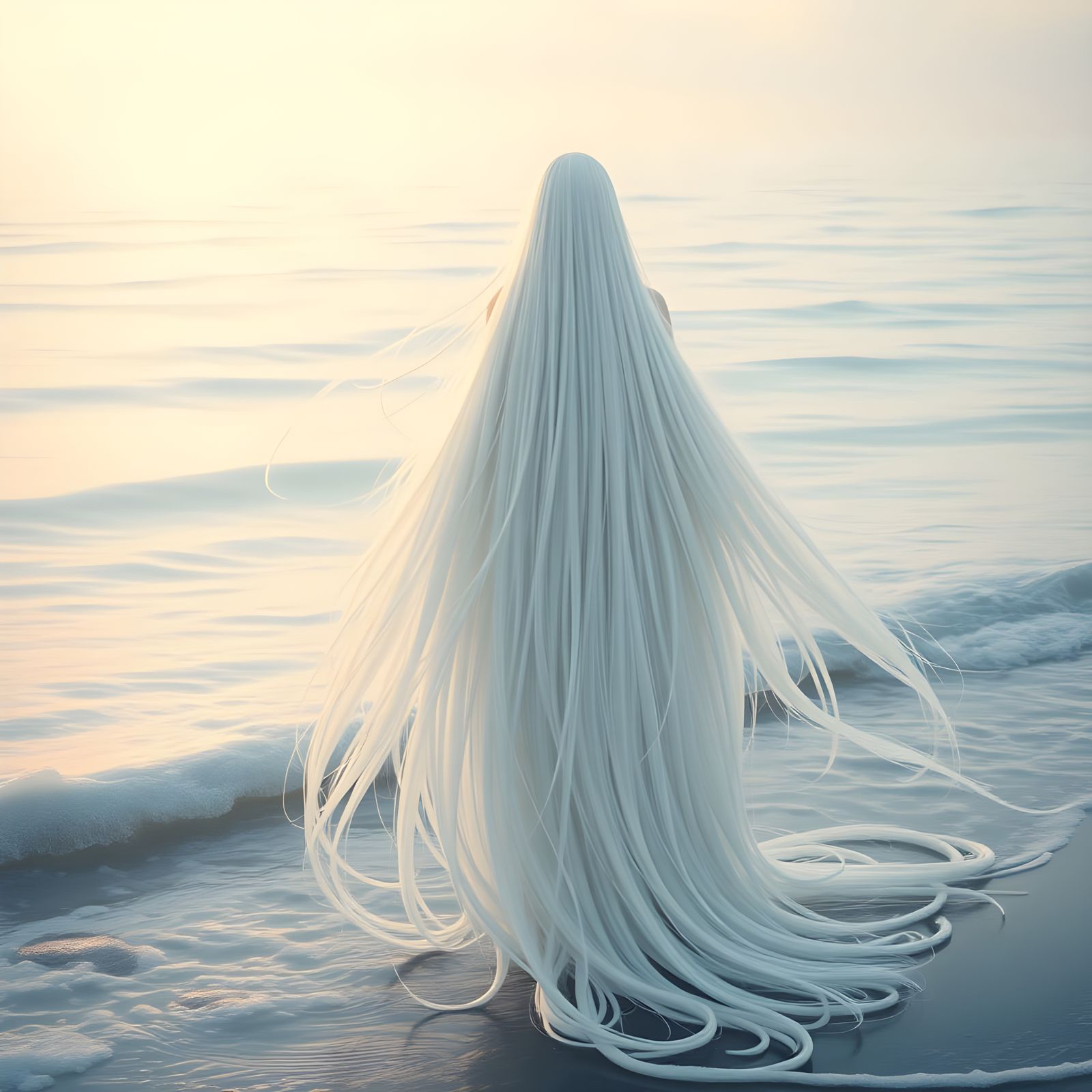 Ethereal Woman Stands on Windswept Coastline