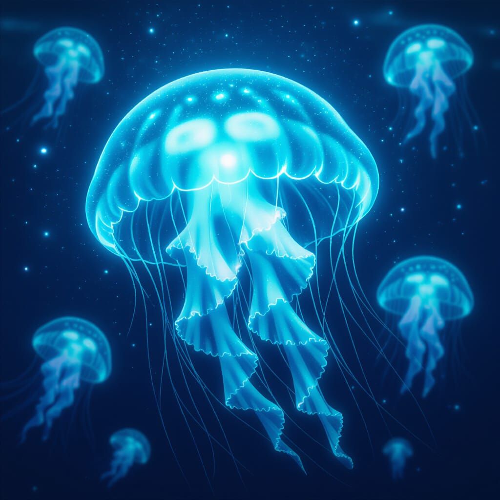 Bioluminescent Jellyfish Floating in Deep Water