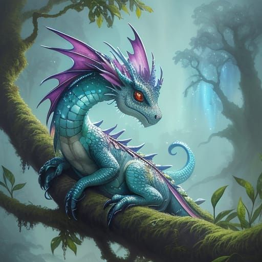 Cute Baby Dragon with Rainbow Feathers
