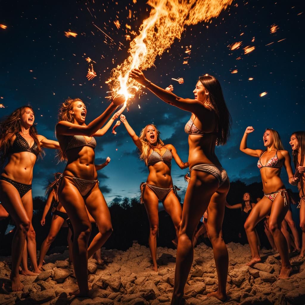 Girls Engage in Epic Bikini Battle Under Celestial Firestorm