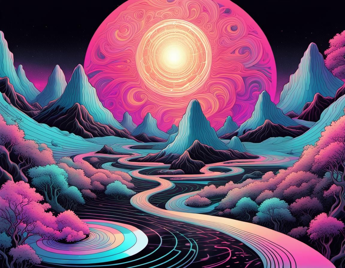 Surreal Cosmic Landscape in Vibrant, Shimmering Colors