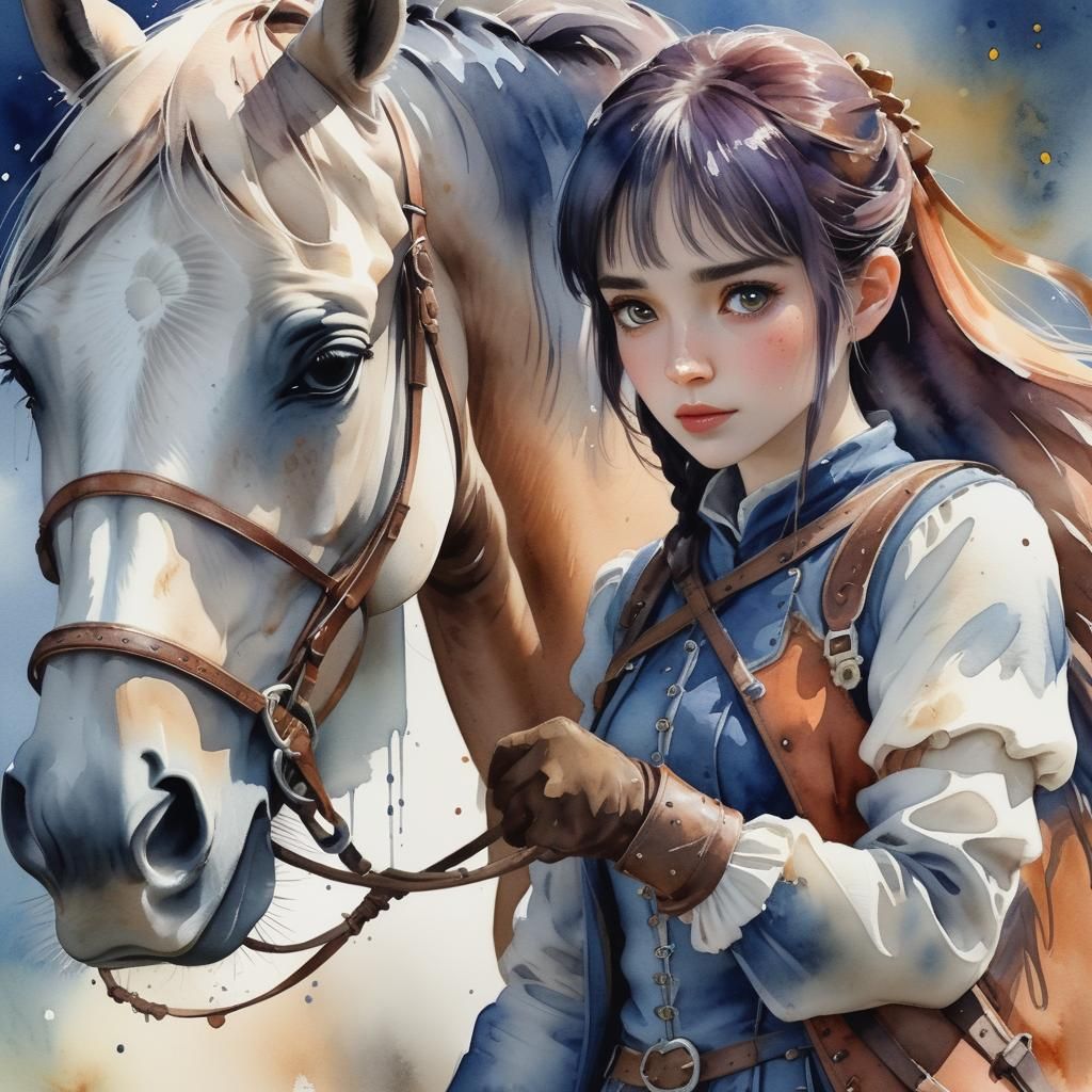 Watercolor Painting of Girl and Horse