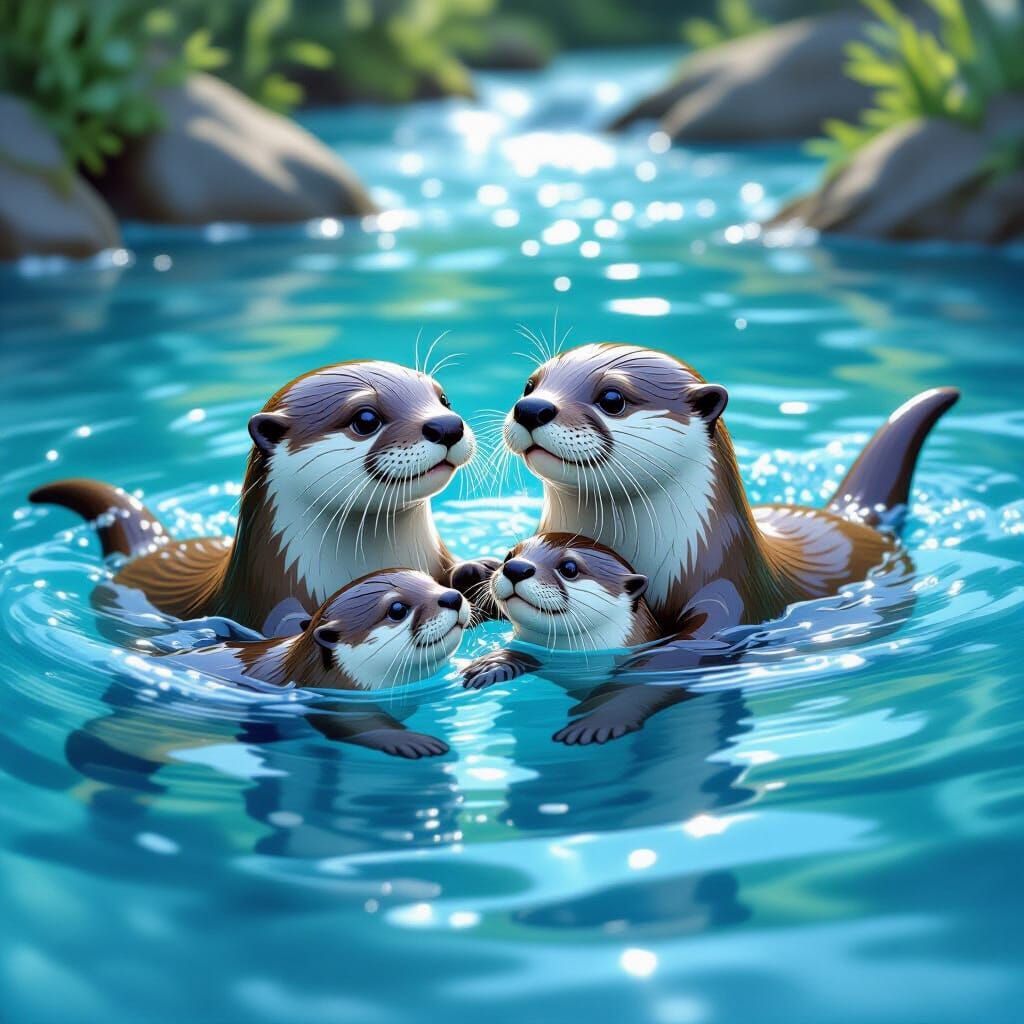 Water Otter Family Swimming in Sapphire River