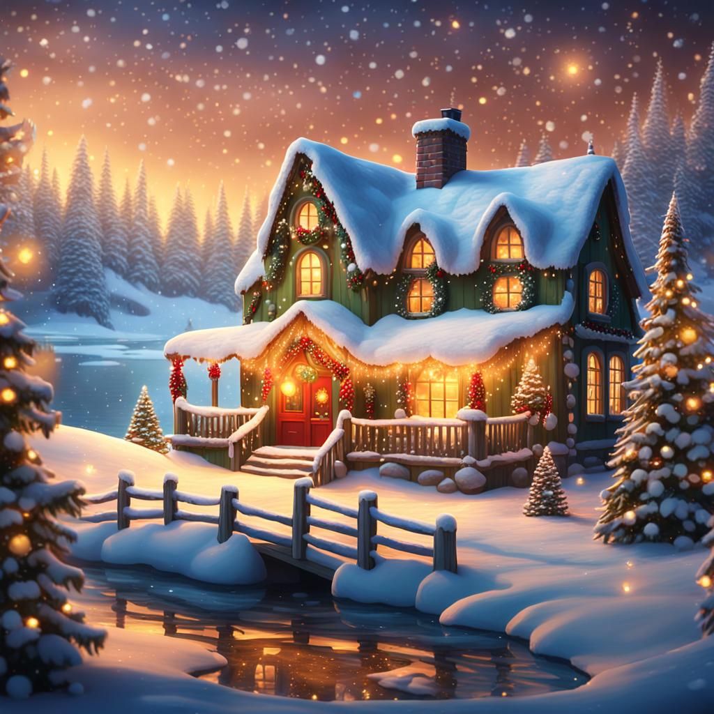 Cozy Christmas Cottage Scene in Whimsical Winter Wonderland