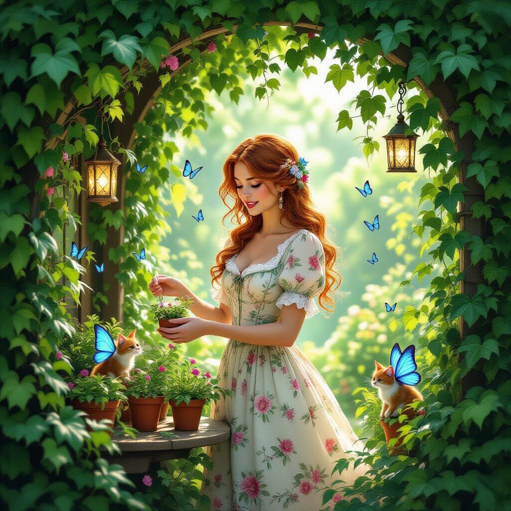 Whimsical Ivy Cafe with Auburn-Haired Owner and Cat Fairies