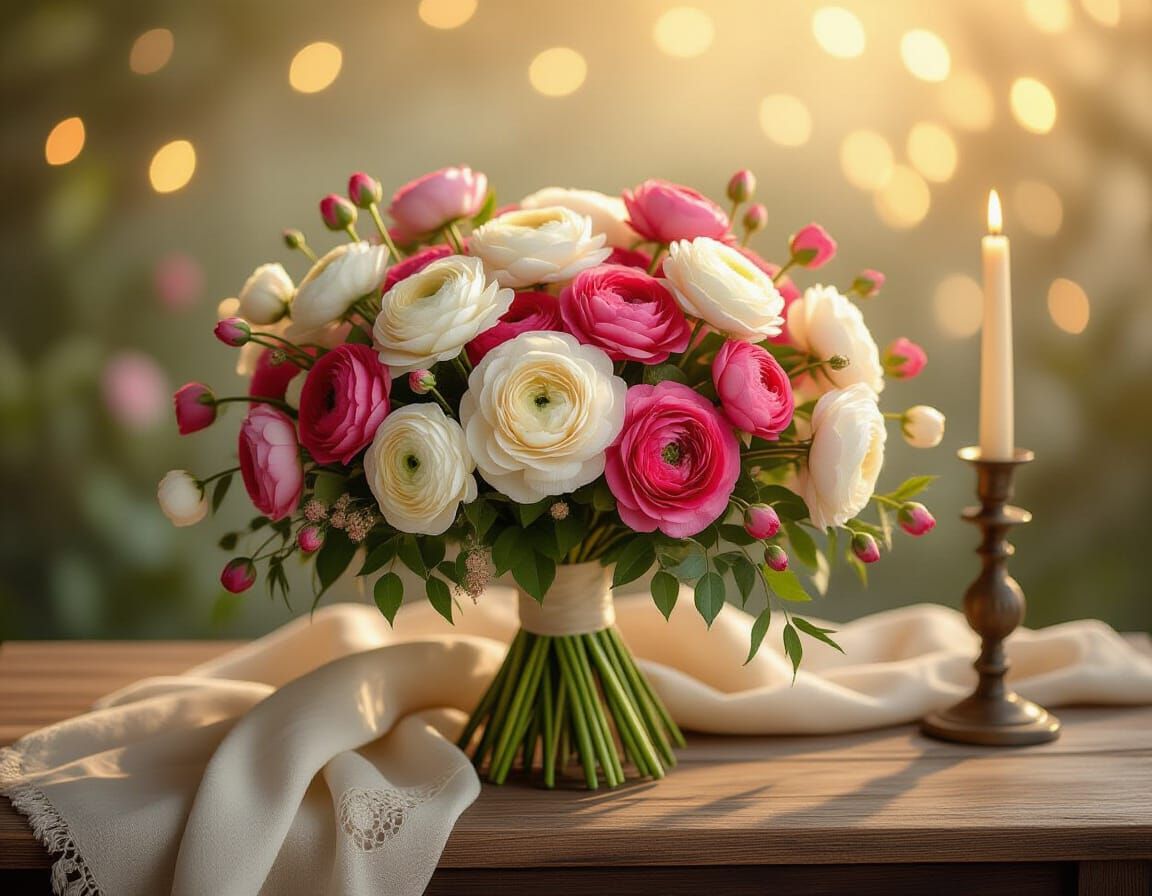 Ranunculus Bouquet on Table in Fantasy Style