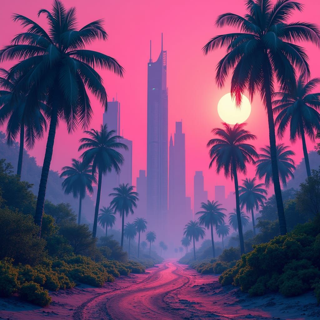 Dystopian Oasis in Retrofuturistic Neon Dreamscape