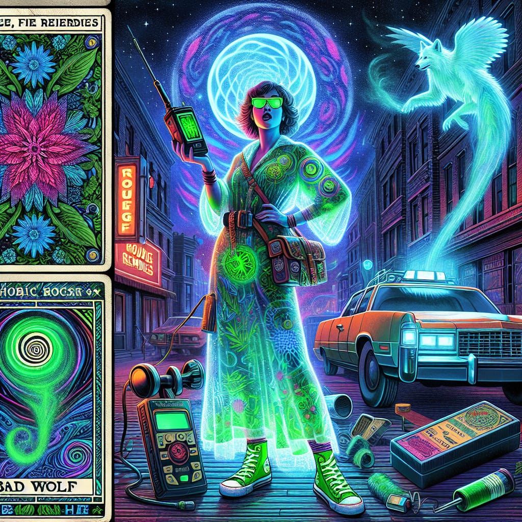 Time-Traveling Tarot Reader in Psychedelic Cityscape