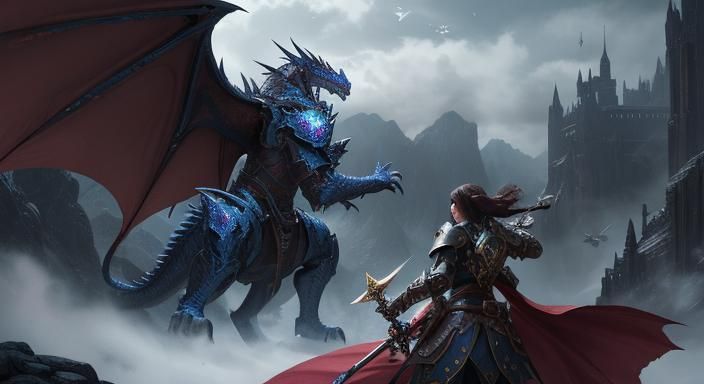 Ethereal Paladin Battles Majestic Dragon in Vibrant, Fantast...