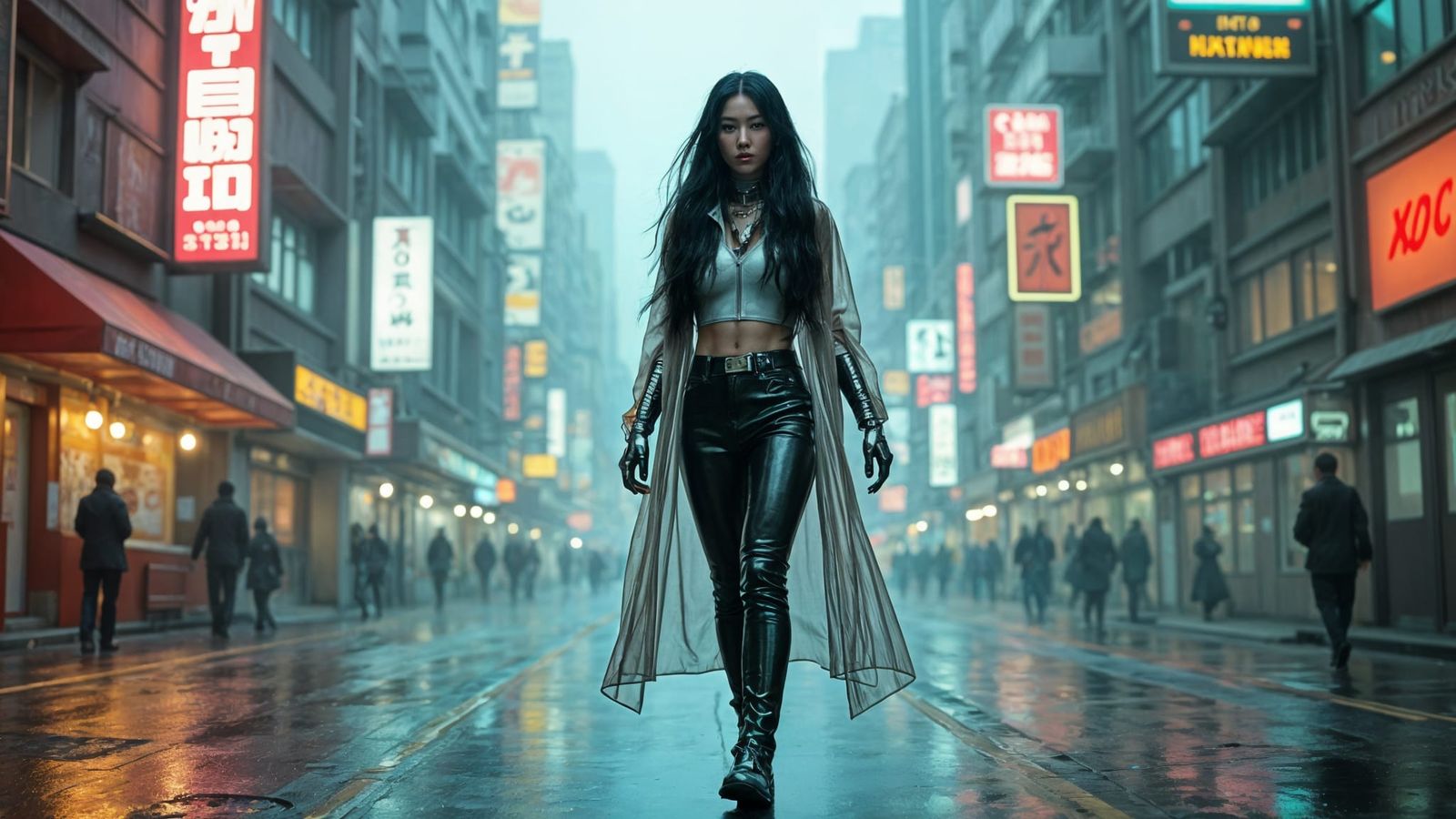 Cyber Asian Woman Embarks in Futuristic Metropolis