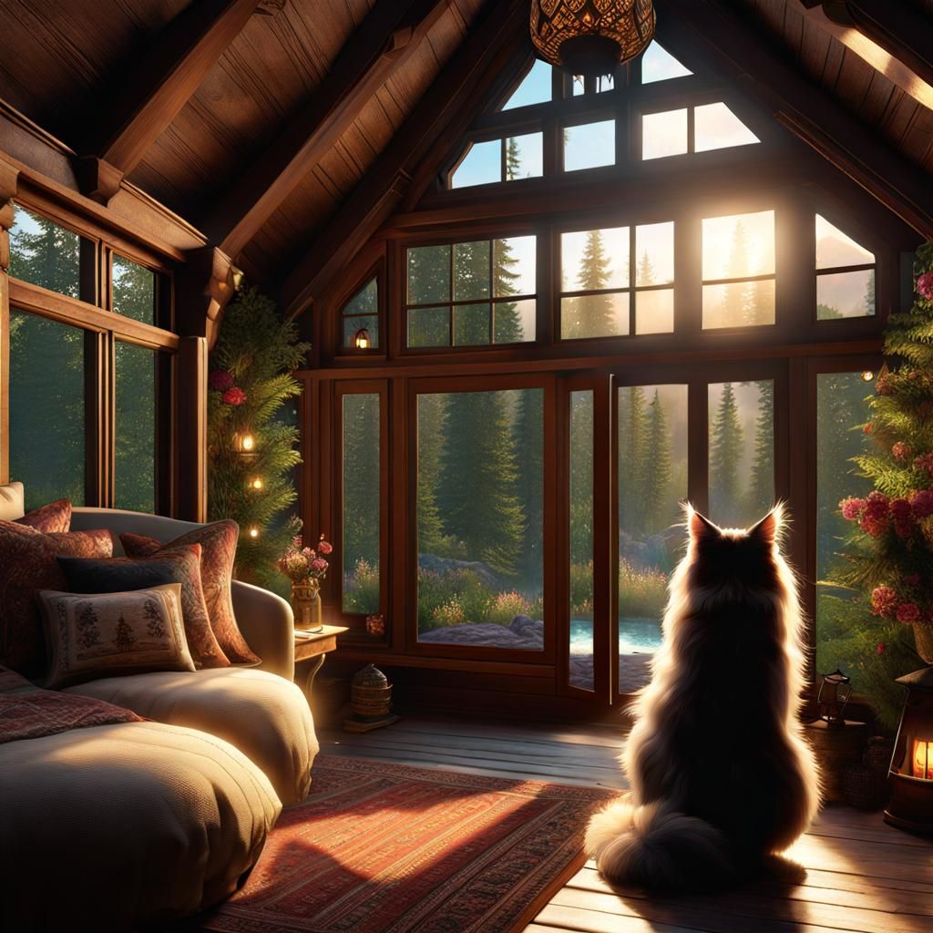 Cozy Fantasy Cabin Scene with Majestic Cat