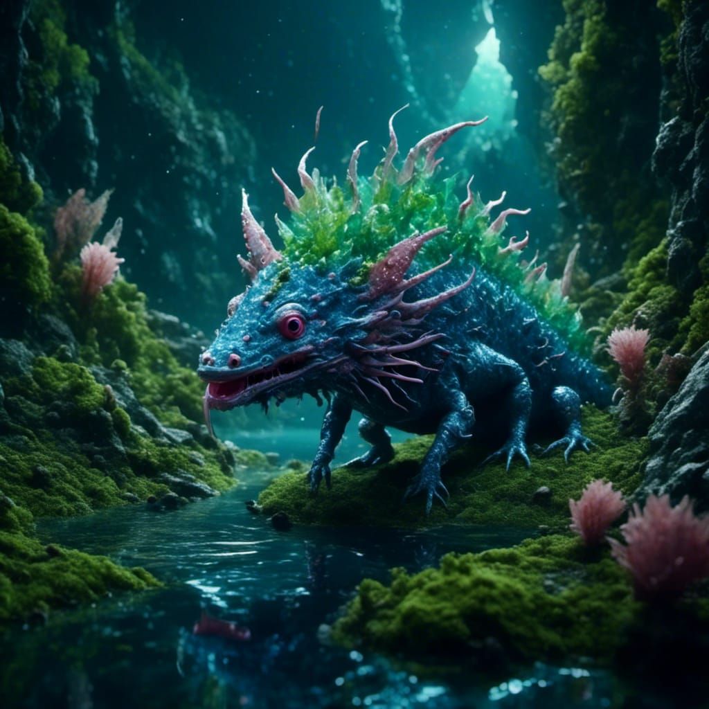 Epic Hyperreal Axolotl Emerges from Alien Lake