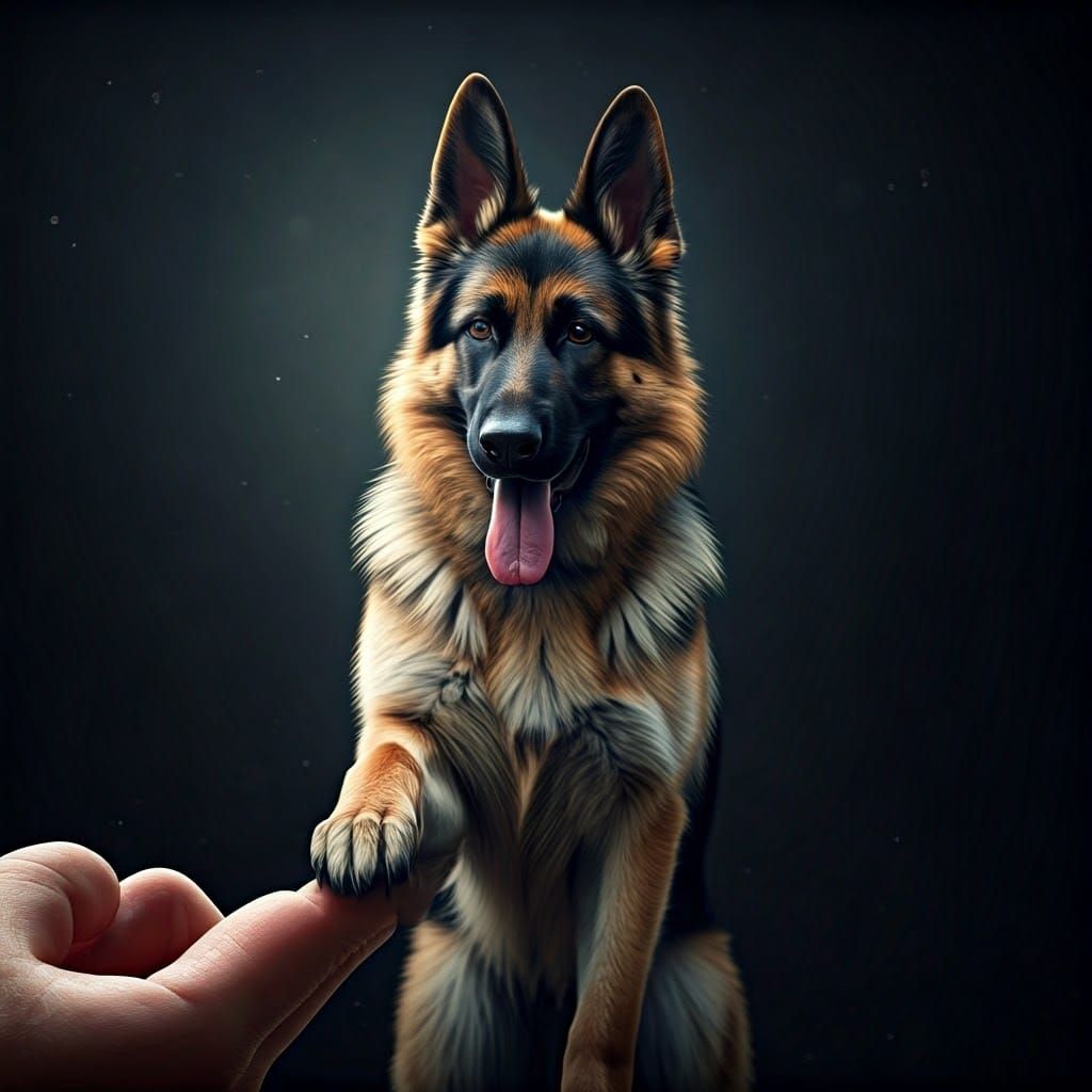 German Shepherd Balances on Finger: Cinematic Film Still