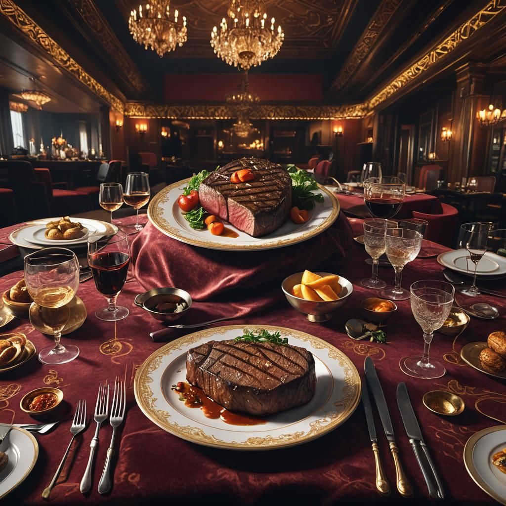 Surreal Steakhouse Scene in Opulent Style
