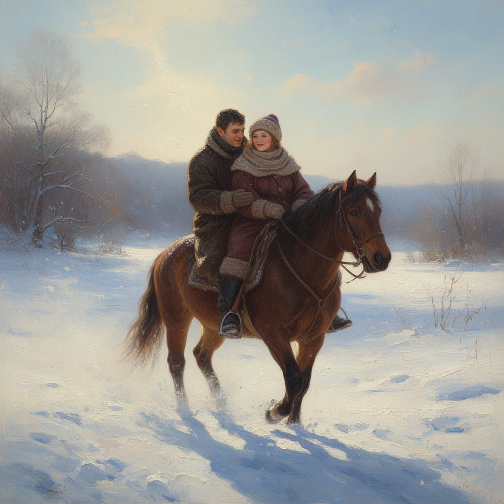 Couple Riding Horses in Snowy Landscape Oil Painting