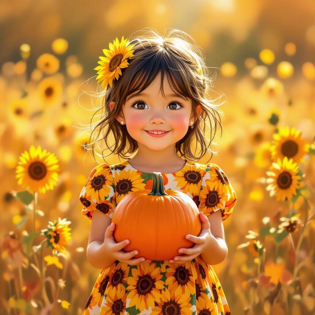Autumn Girl With Pumpkin In Whimsical Style