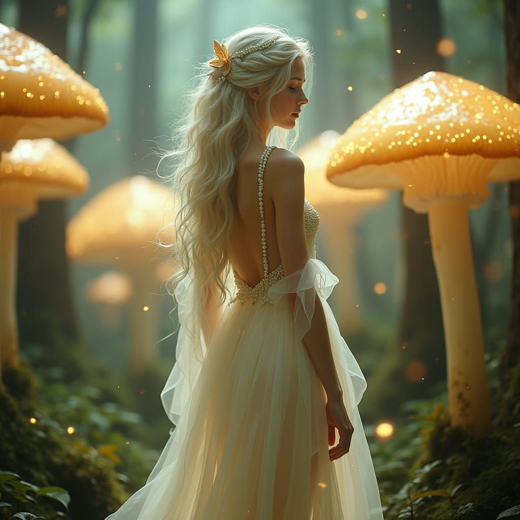 Ethereal Fairy in Alien Forest Amidst Pearls and Bioluminesc...