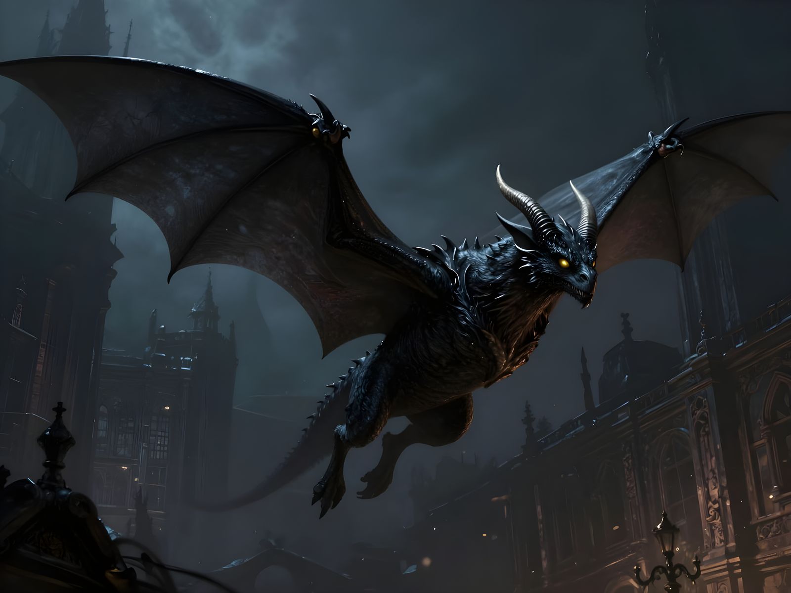 Gothic Bat with Dragon Horns Flies Over Foreboding City Stre...