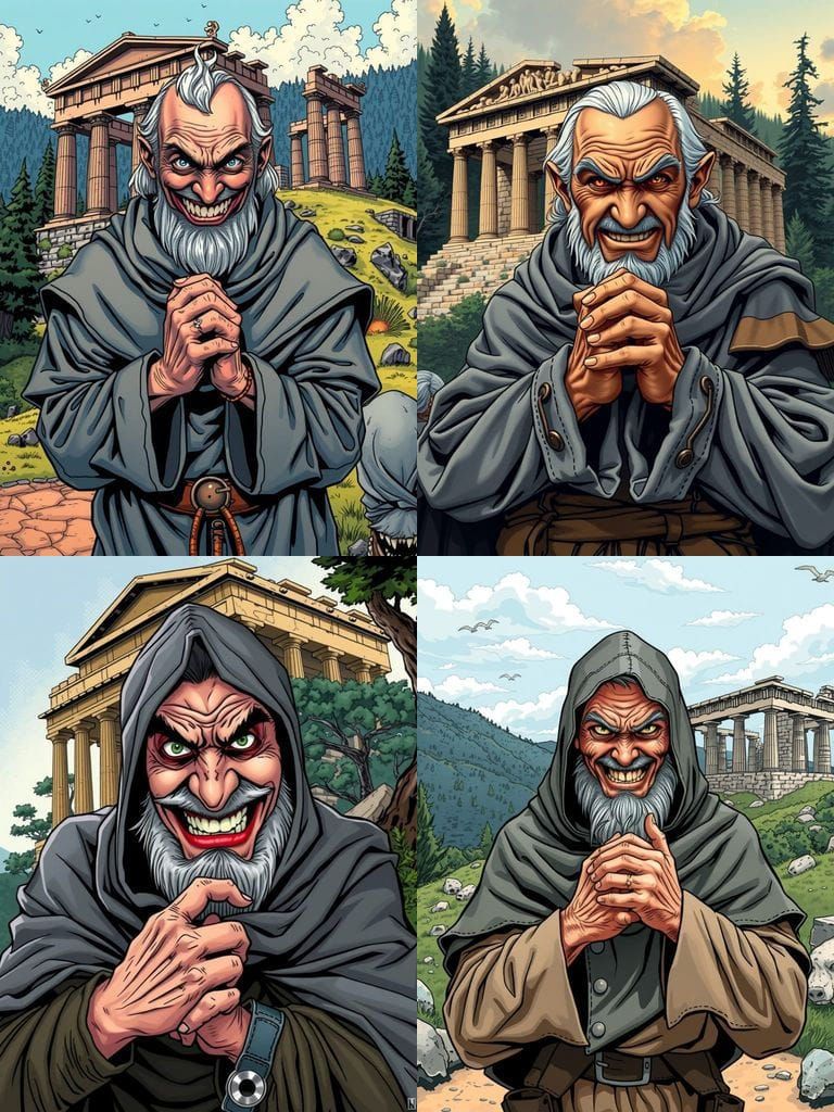 Vicious Old Magician Stands Before Ancient Greek Temple Ruin...