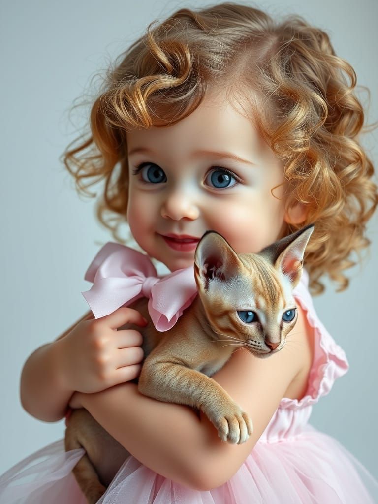 Adorable Baby Girl with Curls and a Sphinx Cat in a Cinemati...