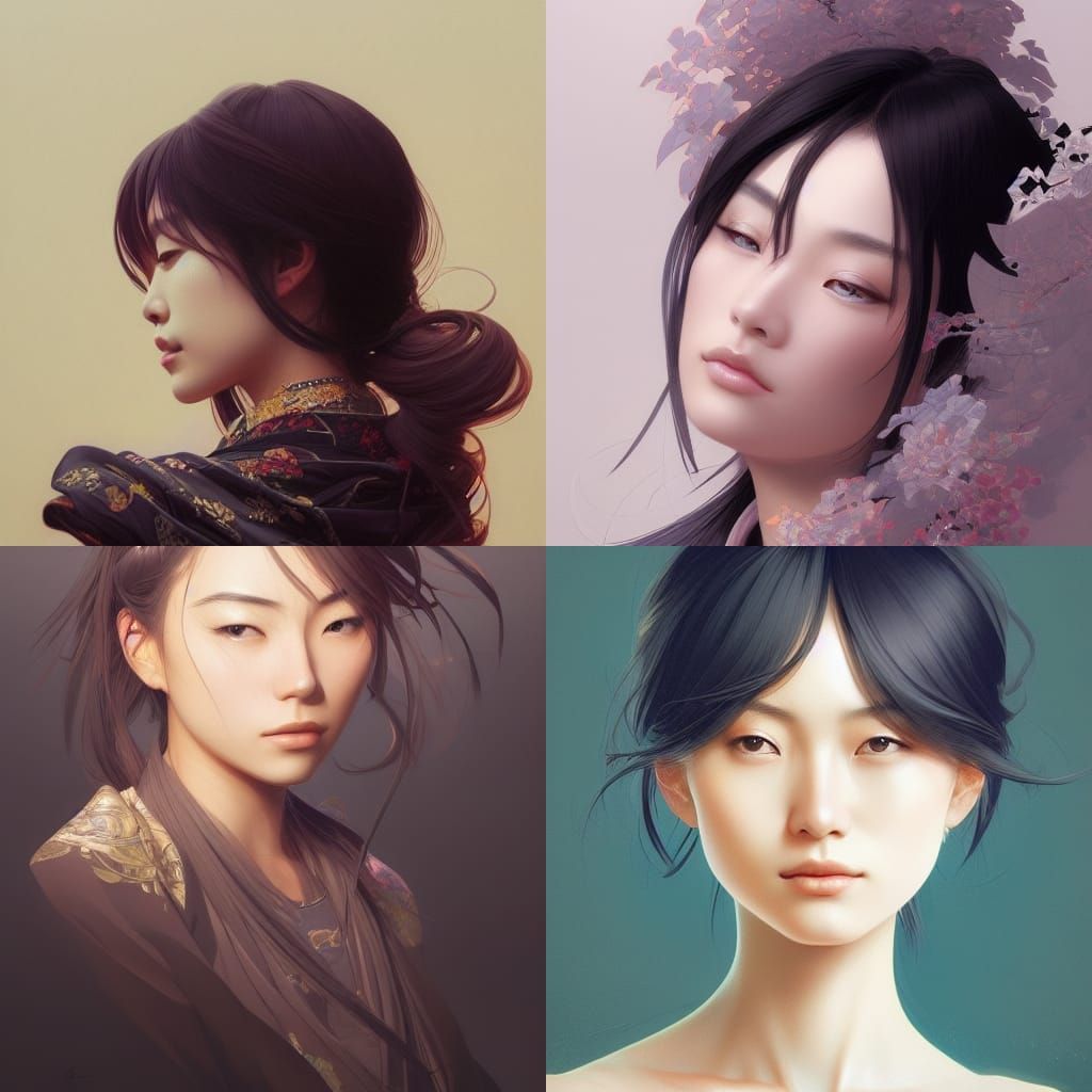 Elegant Japanese Beauty in Vibrant Triadic Colors