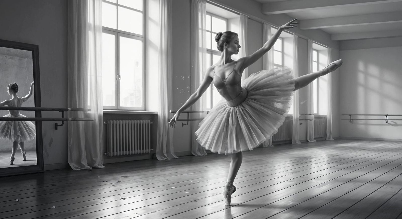 Monochrome Oil Painting of Ballet Dancer in Arabesque