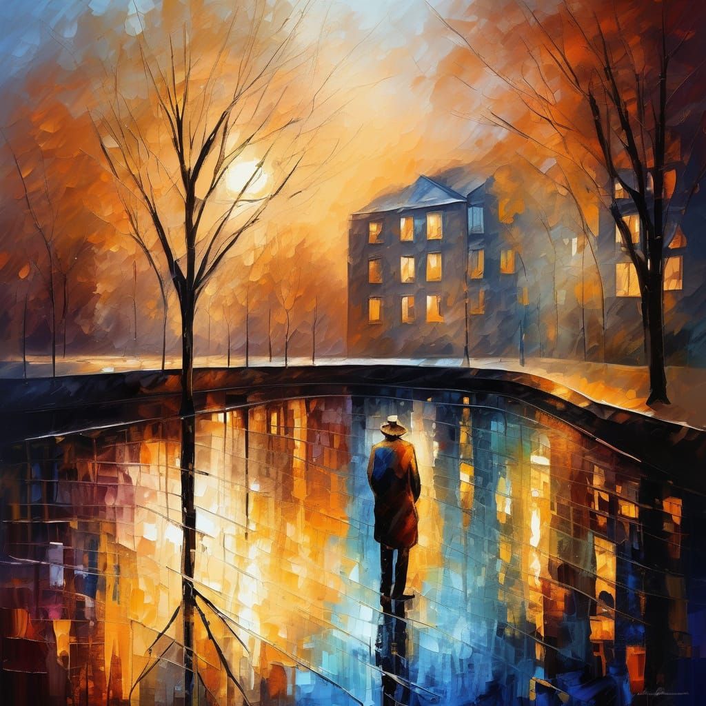 Vibrant City Park at Golden Hour in Expressive Oil Painting