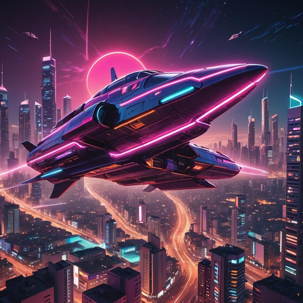 Spaceship Soars Over Neon-Lit Tel Aviv in Cyberpunk Style