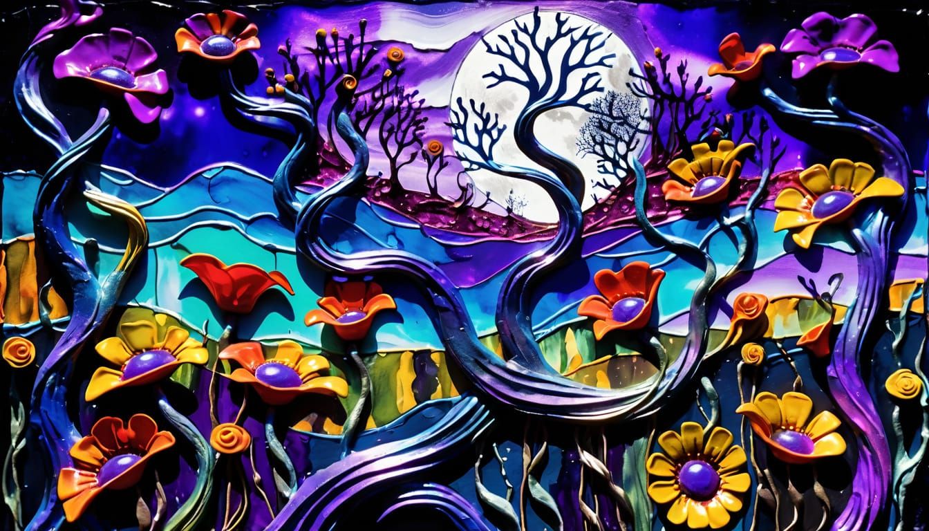 Surreal Garden Under Violet Moon in Max Ernst Style