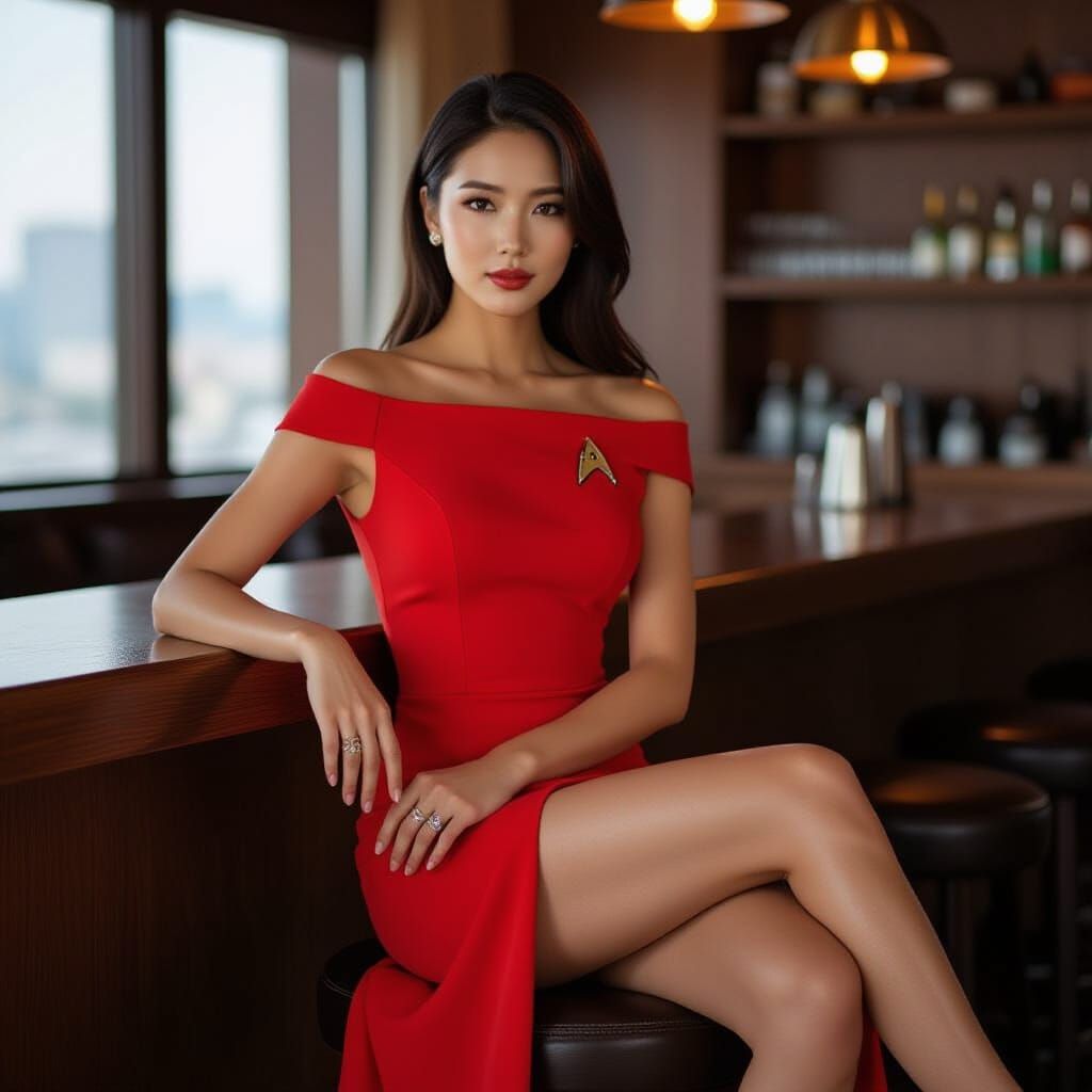 Korean Woman in Red Star Trek Gown on Bar Stool