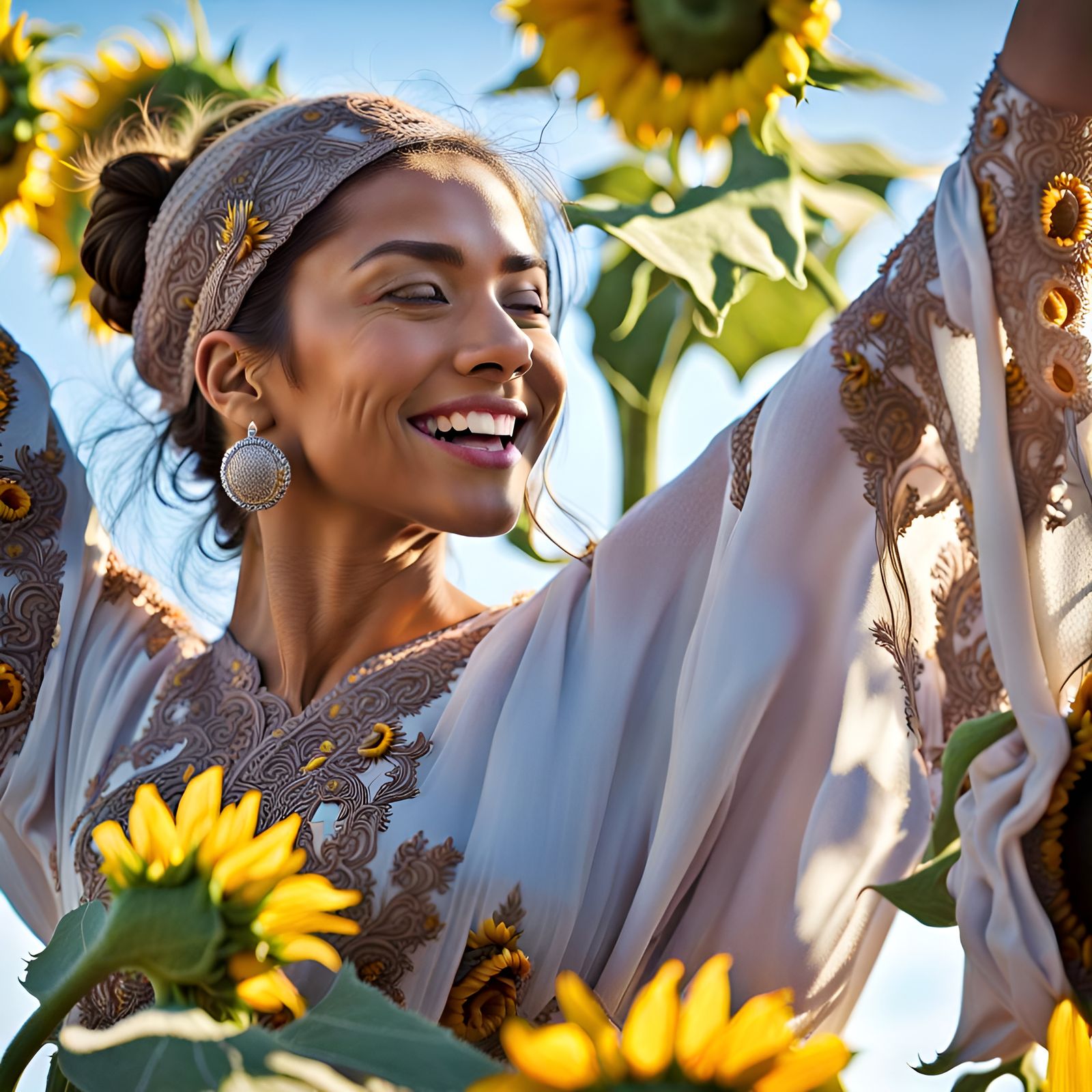 Glamorous Woman Dancing in a Sunflower Field