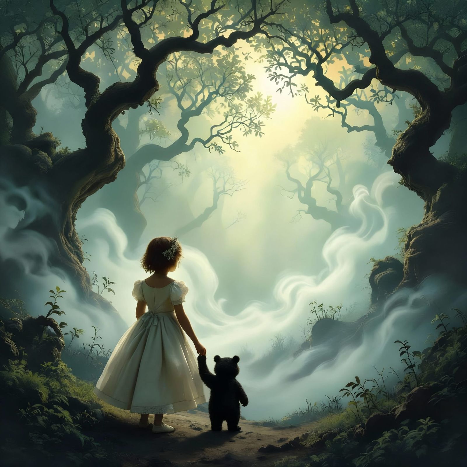 Child in Vintage Dress at Mystical Forest Edge
