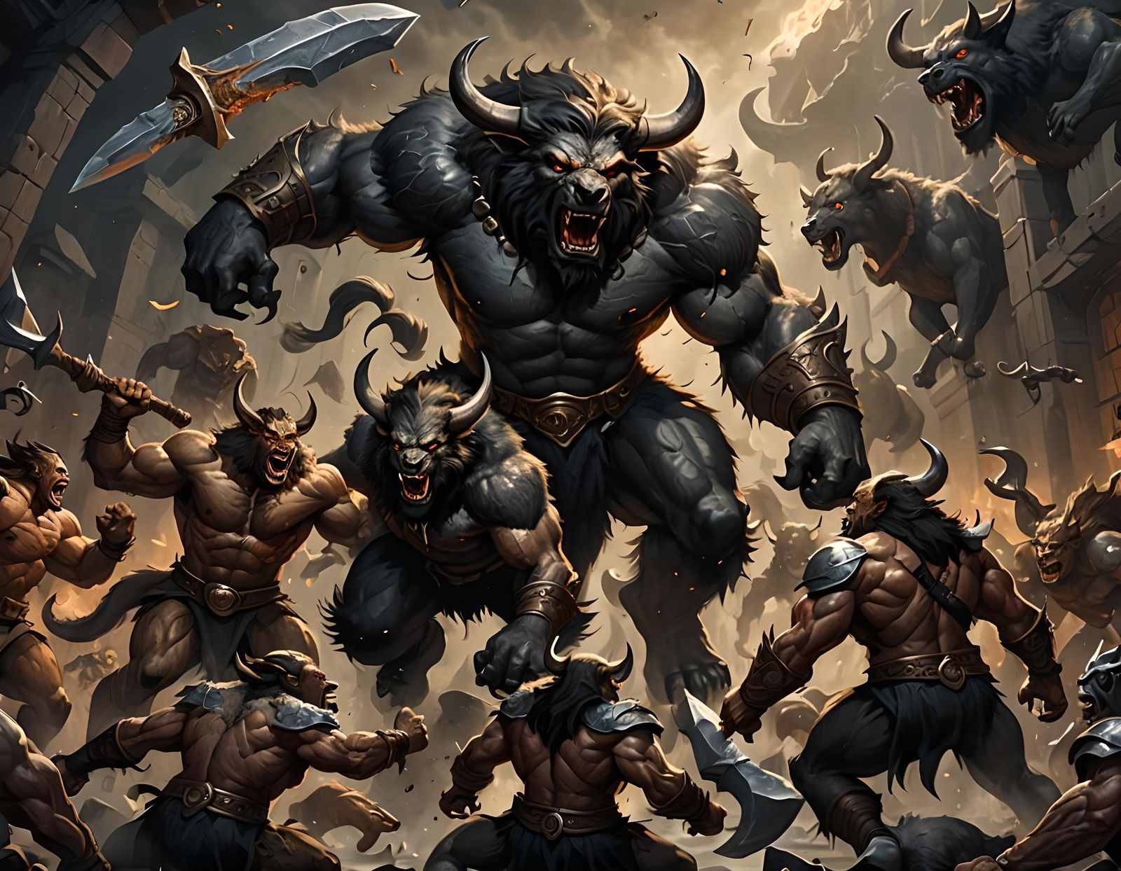 Savage Werewolves Attack a Massive Minotaur in Dark Fantasy