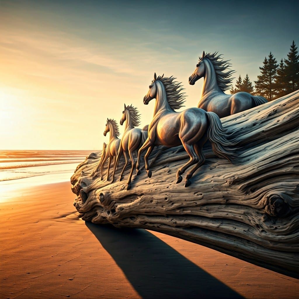Sunlit Beach Horses Gallop Majestically in Vibrant Sunset La...