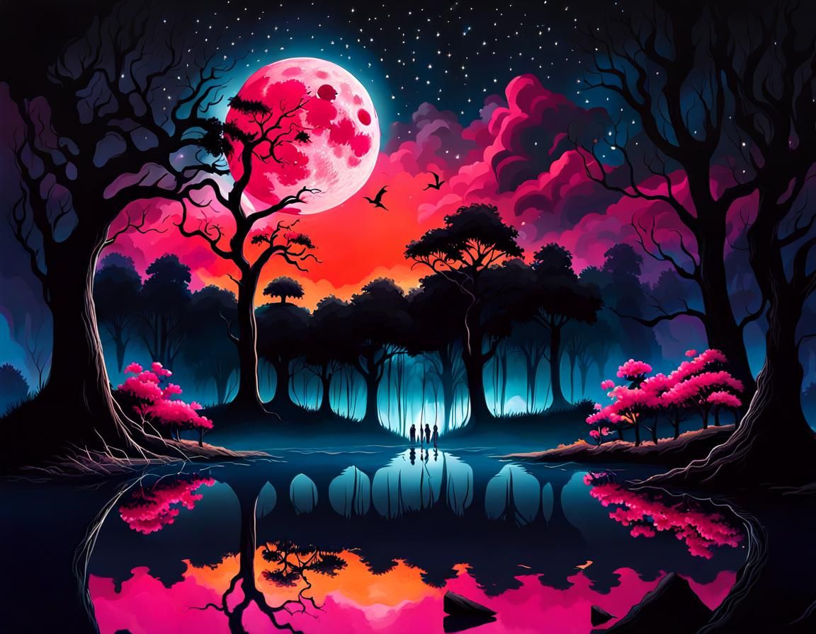 Whimsical Low-Surreal Stormy Night Scene with a Pink Moon