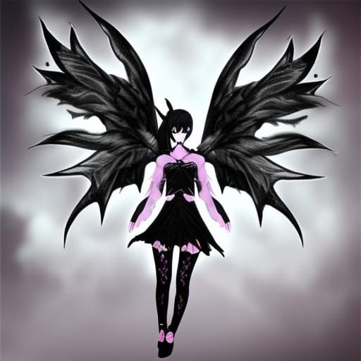 Gothic Anime Fairy Angel with Dark Lace Wings and Demon Bat