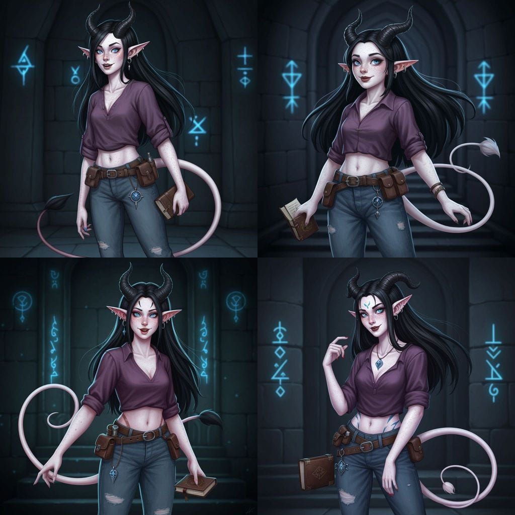 Tiefling Sorceress With Spellbook in Dark Fantasy Chamber
